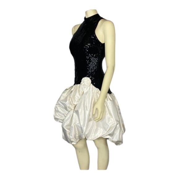 80s Dave & Johnny Sequin Halter Bubble Hem Open back Dress Black & White Medium - Picture 7 of 16